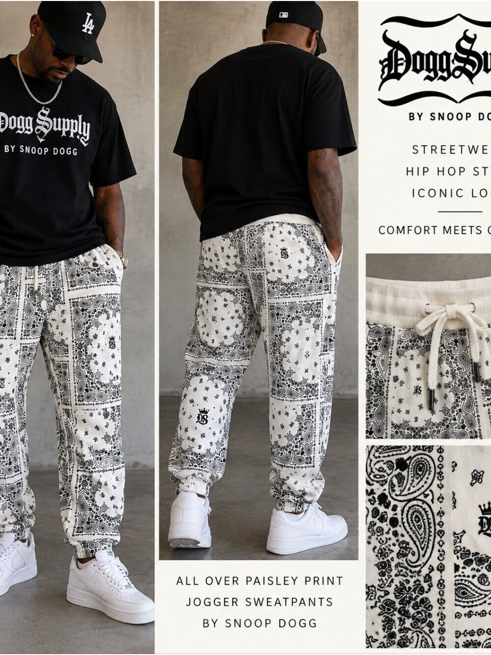 Dogg Supply by Snoop Dogg Paisley Bandana Jogger Sweatpants Men’s M Cream Black